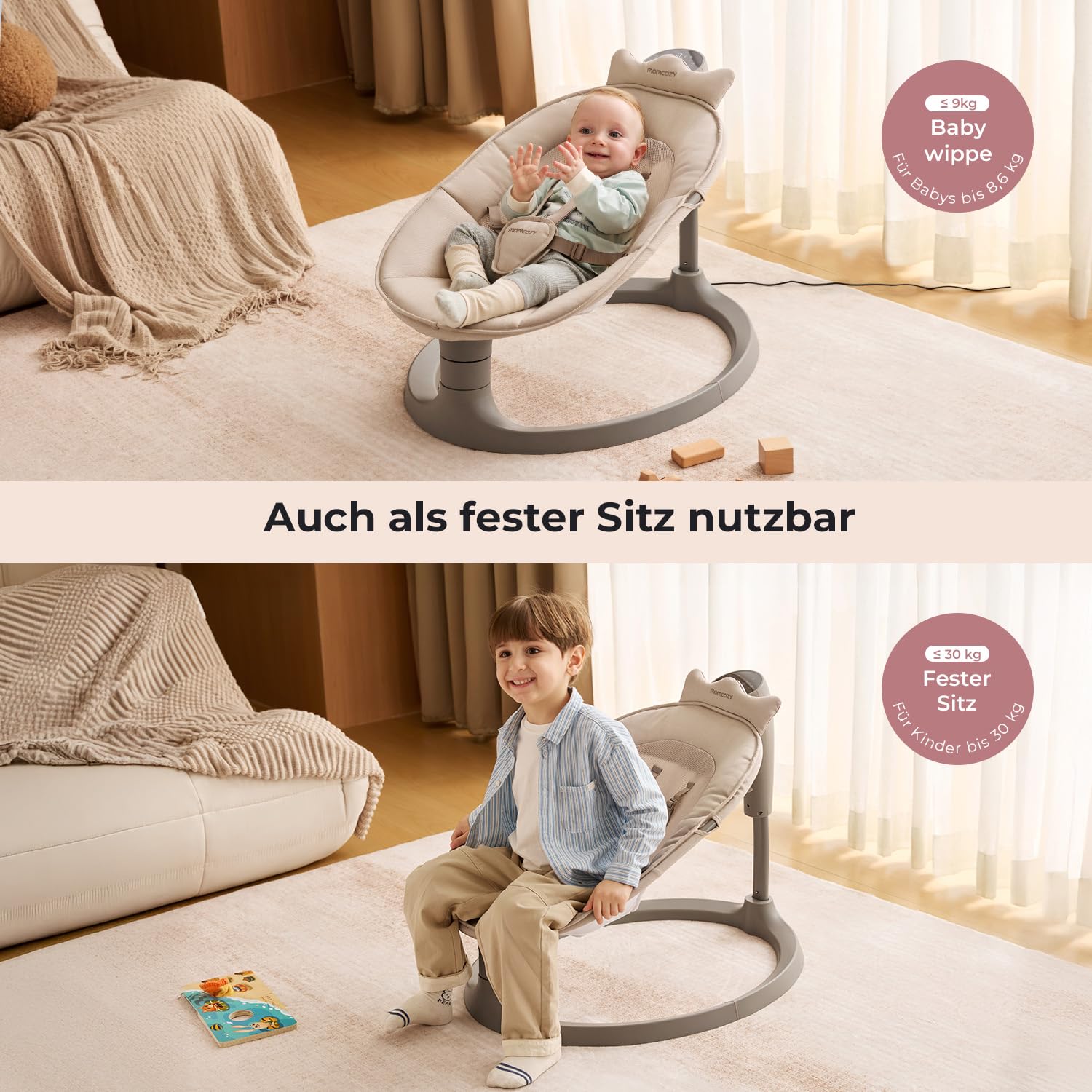 Momcozy 2-in-1 Elektrische Babywippe, 4 Bewegungen & 4 Geschwindigkeiten, Doppelarm-Struktur, 2 Liegepositionen, Wiegenlieder & Plüschspielzeug, Ab Geburt bis 30 kg, 0-6 Jahre