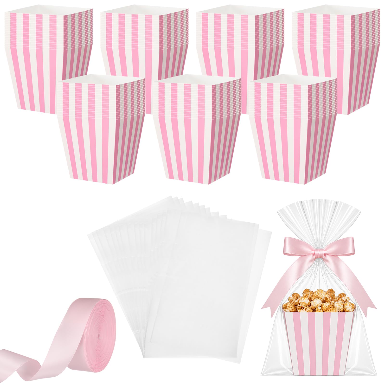 Pajean 24 Set Carnival Striped Popcorn Boxes with Gift Bags &amp; Ribbon, Pink