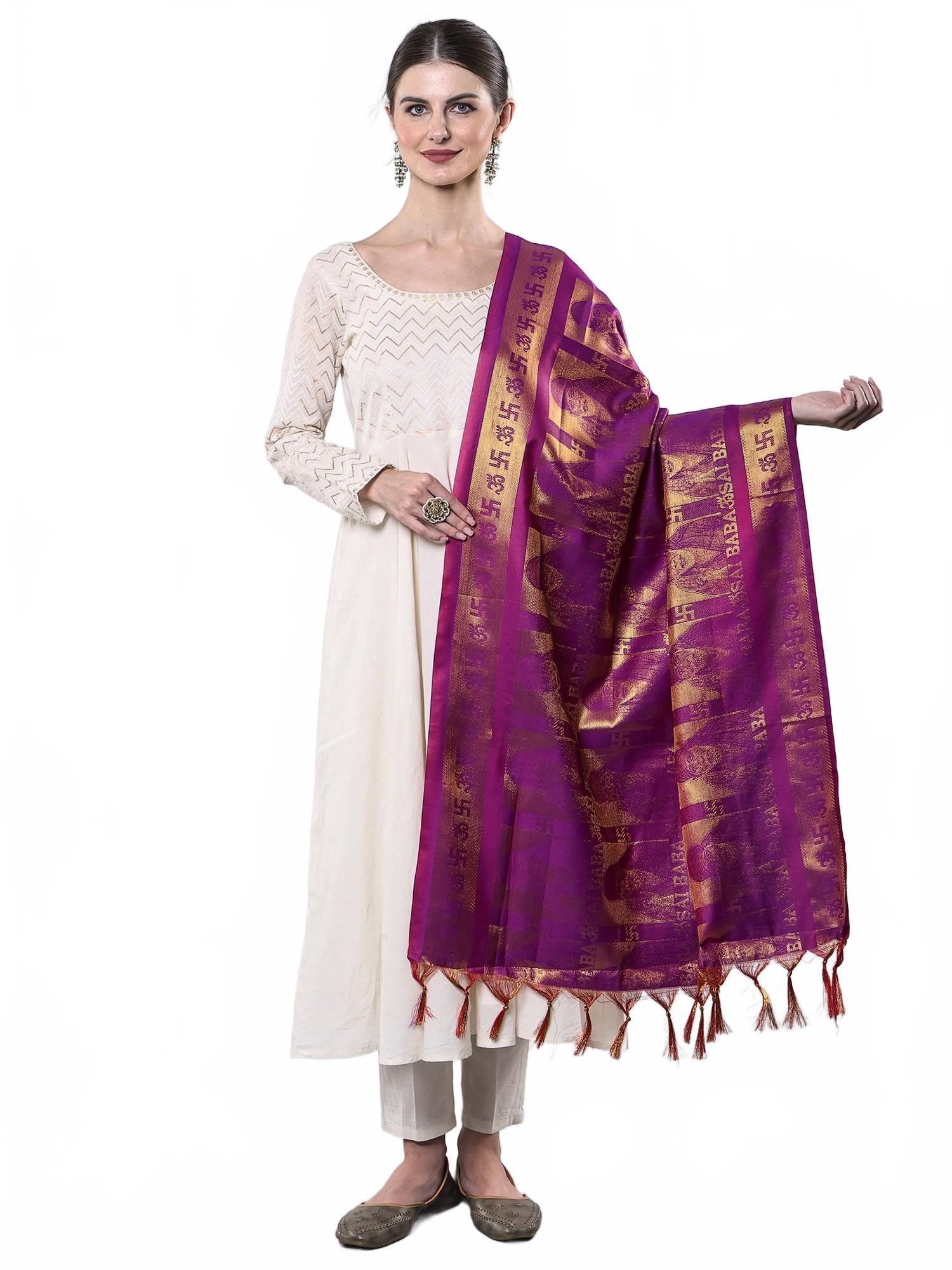 exotic india Women's Art Silk Prayer Shawl from Tamil Nadu with Brocaded Om Sai Baba Design Stole, Scarves for Puja Temple Wear-picture-23