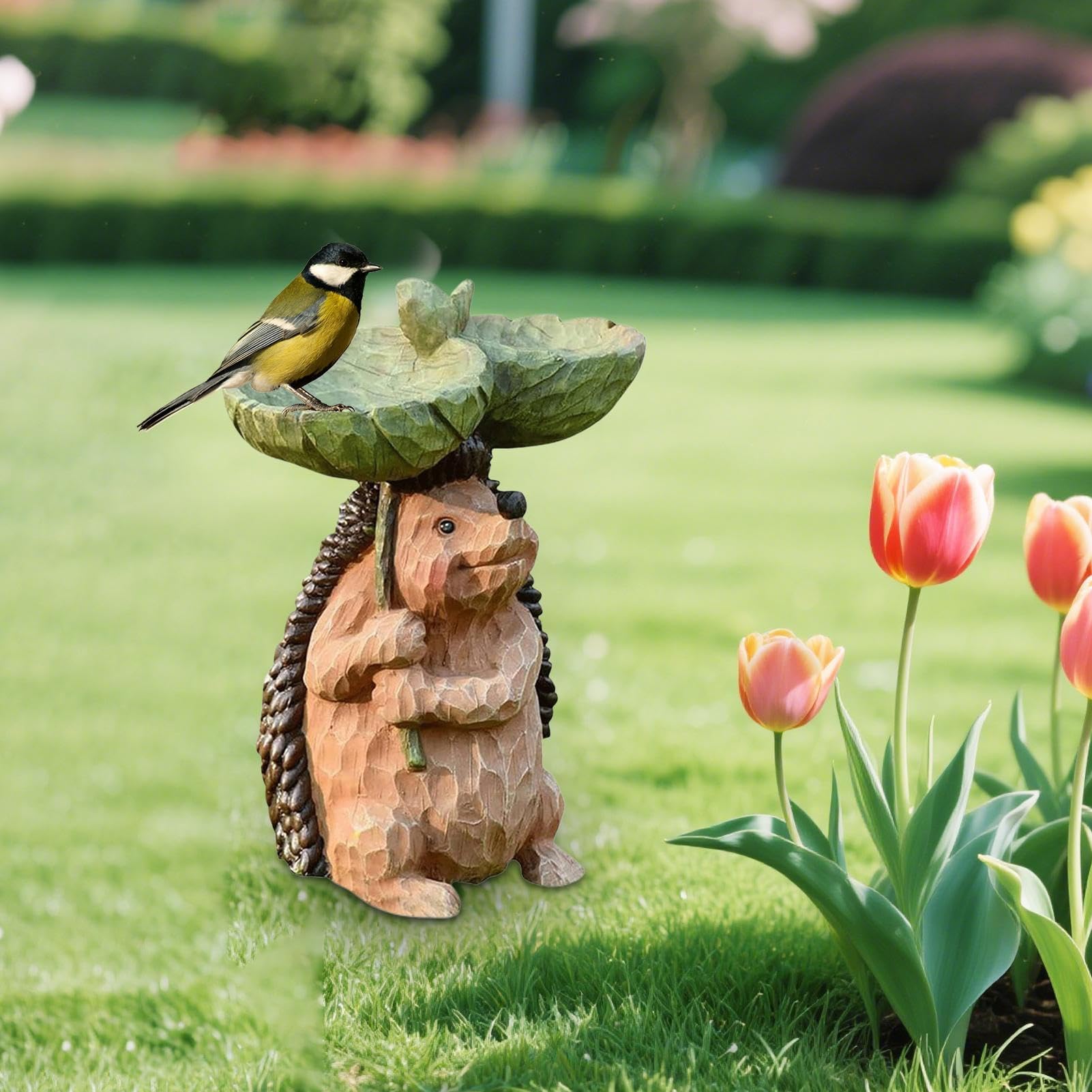 Riccio ornamento da giardino con mangiatoia per uccelli e vasca, scultura paesaggistica in resina resistente alle intemperie, per cortile e patio all'aperto, 15 x 10 x 21 cm