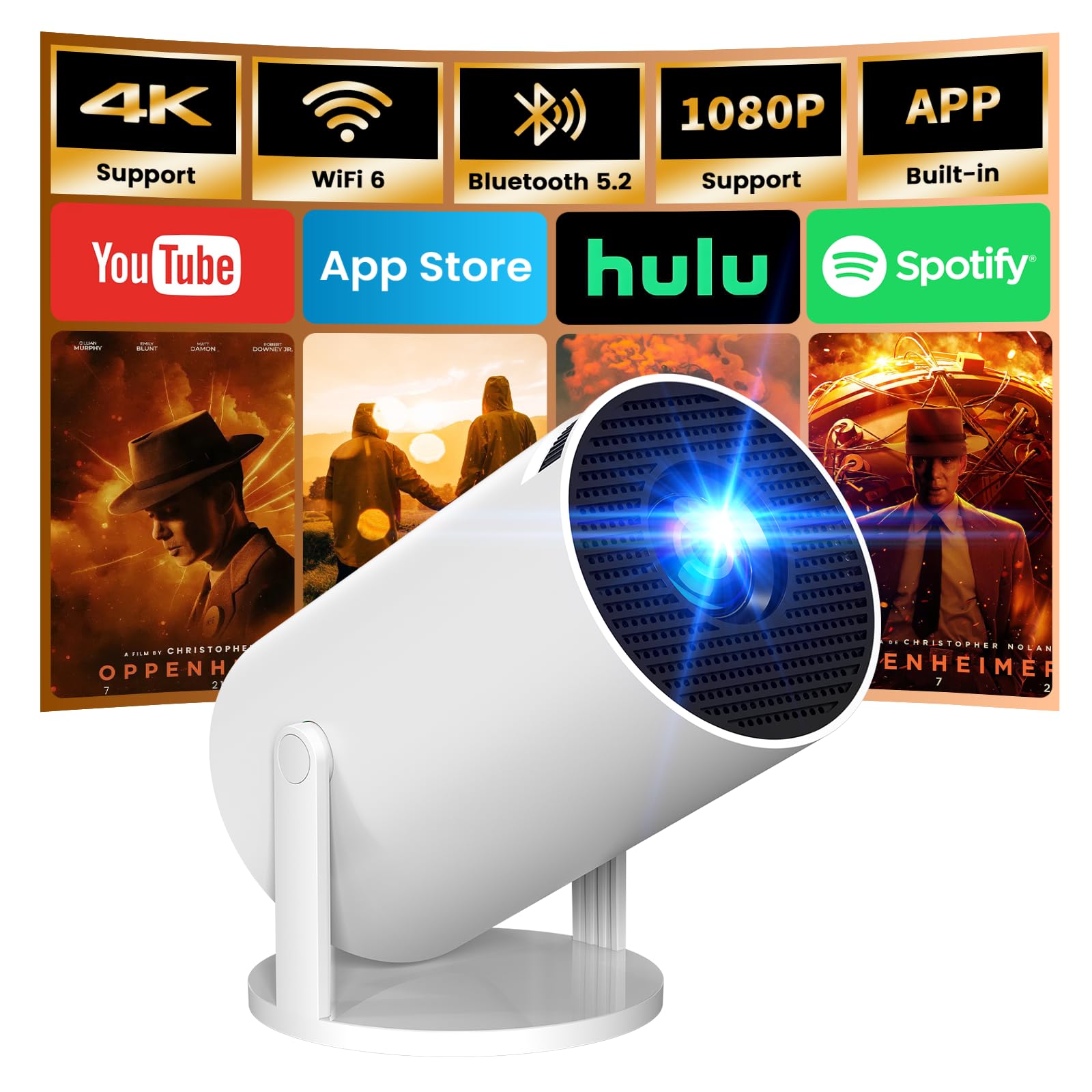 [App intégrée] Vidéoprojecteur 4K 1080P, Mini Projecteur Portable 180° Rotation WiFi 6 BT 5.4, Projecteur Full HD 1080P Auto Correction Trapézoïdale Horizontale