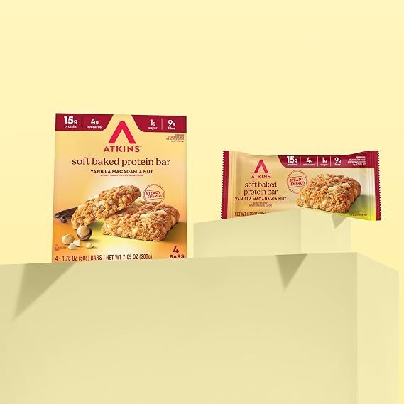 Atkins Soft Baked High Protein Bars, Vanilla Macadamia Nut Flavor, 15g Protein, 4g Net Carbs, 2g Sugar, Excellent Source of Fiber, High Protein, 6 pack (4 bars each)