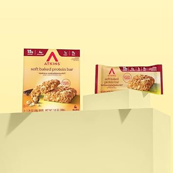 Atkins Soft Baked High Protein Bars, Vanilla Macadamia Nut Flavor, 15g Protein, 4g Net Carbs, 2g Sugar, Excellent Source of Fiber, High Protein, 6 pack (4 bars each)