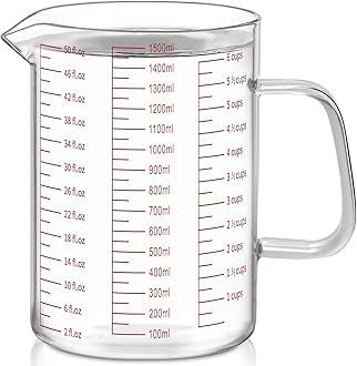 Luvan Glass Measuring Jug 1.5L/6 Cup, Easy to Read with 3 Measurement Scales (Ml/Oz/Cup), Insulated Handle and V-Shaped Spout, High Borosilicate Glass Measuring Jug, Ideal for Kitchen or Restaurant