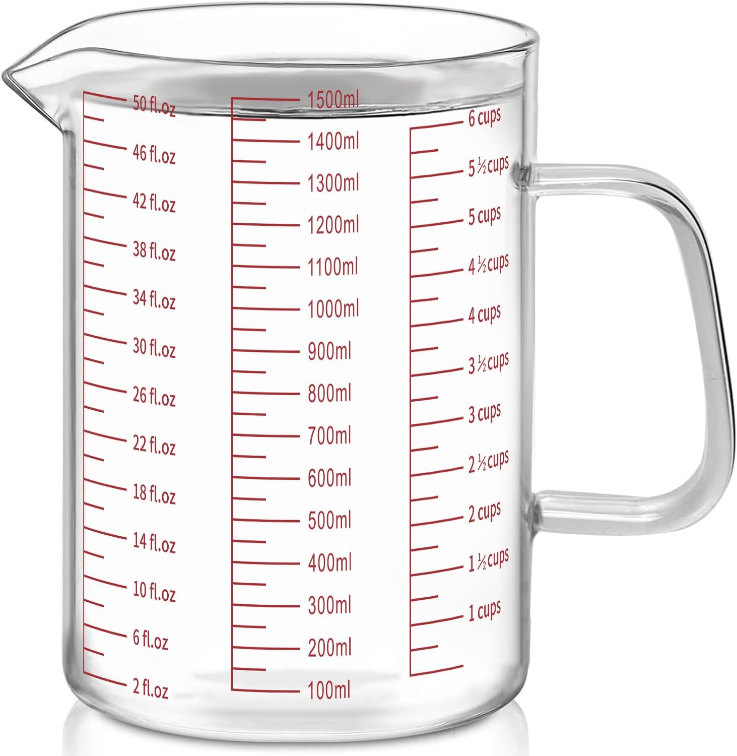 Luvan Glass Measuring Jug 1.5L/6 Cup, Easy to Read with 3 Measurement Scales (Ml/Oz/Cup), Insulated Handle and V-Shaped Spout, High Borosilicate Glass Measuring Jug, Ideal for Kitchen or Restaurant