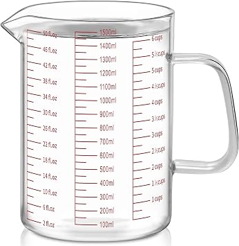 Luvan 6 Cups Glass Measuring Cup, Easy to Read with 3 measurement scales Ml/Oz/Cup, Insulated Handle and V-shaped Spout, High Borosilicate Glass Measuring Cup, Ideal for Kitchen or Restaurant