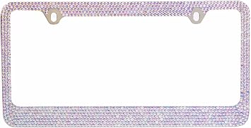 BLVD-LPF OBEY YOUR LUXURY Popular Bling 7 Row AB Aurora Borealis Color Crystal Metal Chrome License Plate Frame with Crystal Screw Caps - 1 Frame