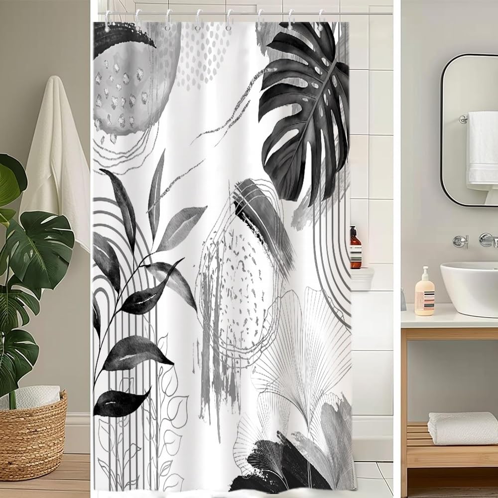 Uiiooazy Duschvorhang 120x200cm, Duschvorhang Anti Schimmel Grau Boho Style Tropisch Palmenblätter Jungle Duschvorhänge Stoff Waschbar Wasserdicht Polyester Bad Vorhang mit 8 Haken für Badezimmer