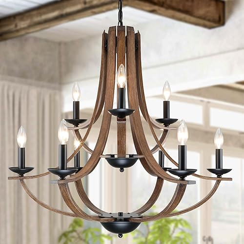 Miniatura 21 de Iluminación Colgante de Granja, Lámpara de Techo Empotrada Rústica de 4 Luces, Candelabro Vintage Moderno de Madera Sintética para Comedor Isla de