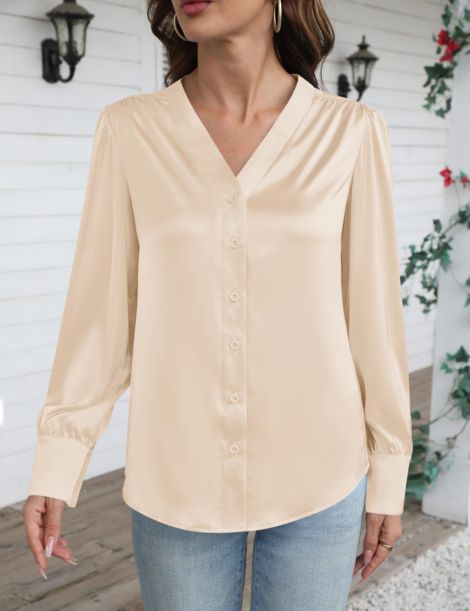 Damskie letnie koszule z długim rękawem Slim Shirts jednokolorowe wycięcie w kształcie litery V Basic Shirts Business Button-Down koszule