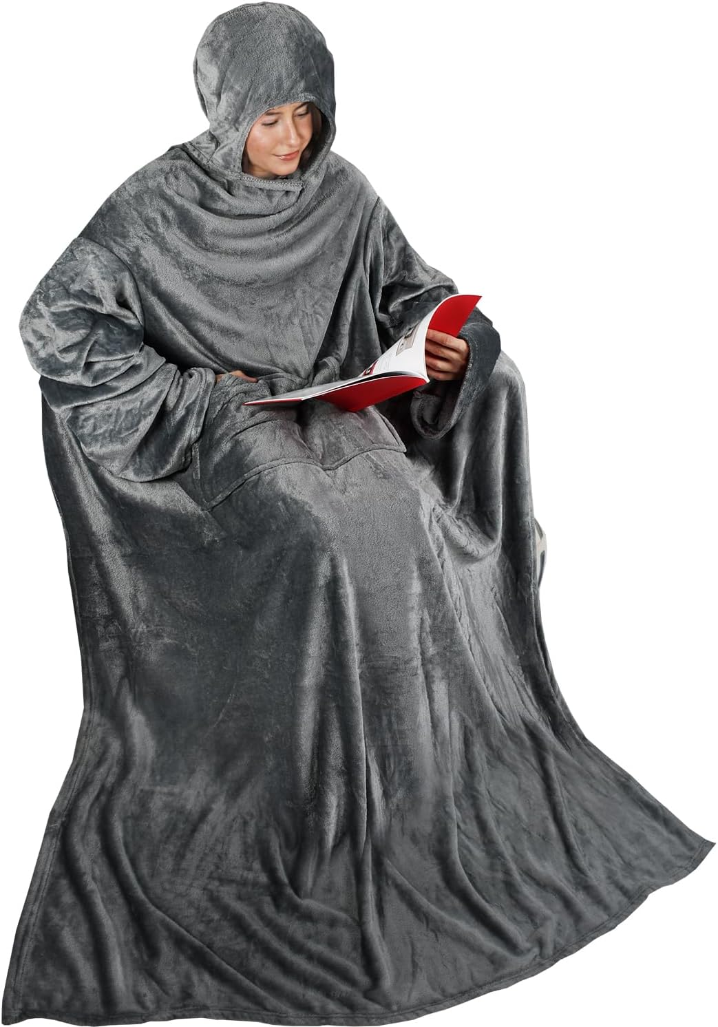 Tirrinia Hood Wearable Fleece Blanket with Sleeves for Adult Women Men, Super Soft Comfy Plush Functional TV Blanket Throw Cuddly Wrap Cover for Bed Sofa and Lounge Chair Couch