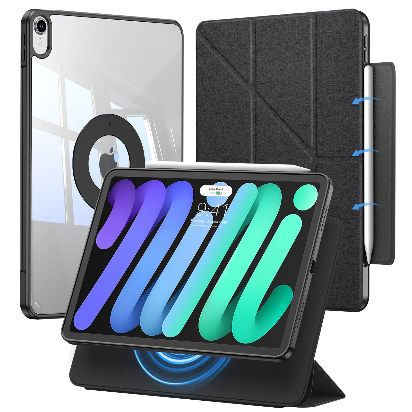 iPad mini7 ケース (A17 Pro、2024) iPad mini 第7/6世代 ケース 折りたたみスタンド 取り外し可能マグネットカバー 縦置き/横置きスタンド Pencil Pro/USB-C 対応 耐衝撃 耐落下保護