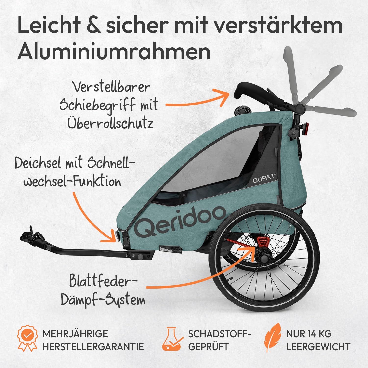 Qeridoo QUPA 1 Plus Mineral Blue |Fahrradanhänger 1 Kind mit Federung & 3-in-1-Verdeck |Kinderfahrradanhänger & Jogger Kinderwagen | Faltbarer Fahrrad Anhänger Kinder |Sicher & Komfortabel im Alltag