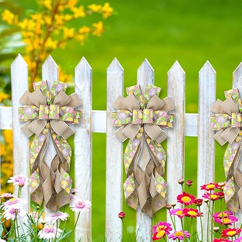 Miniatura 6 de Arcos grandes de corona de Pascua para puerta delantera, lazos de arpillera de lino, lazo de huevos de Pascua, lazos de decoración de árbol de