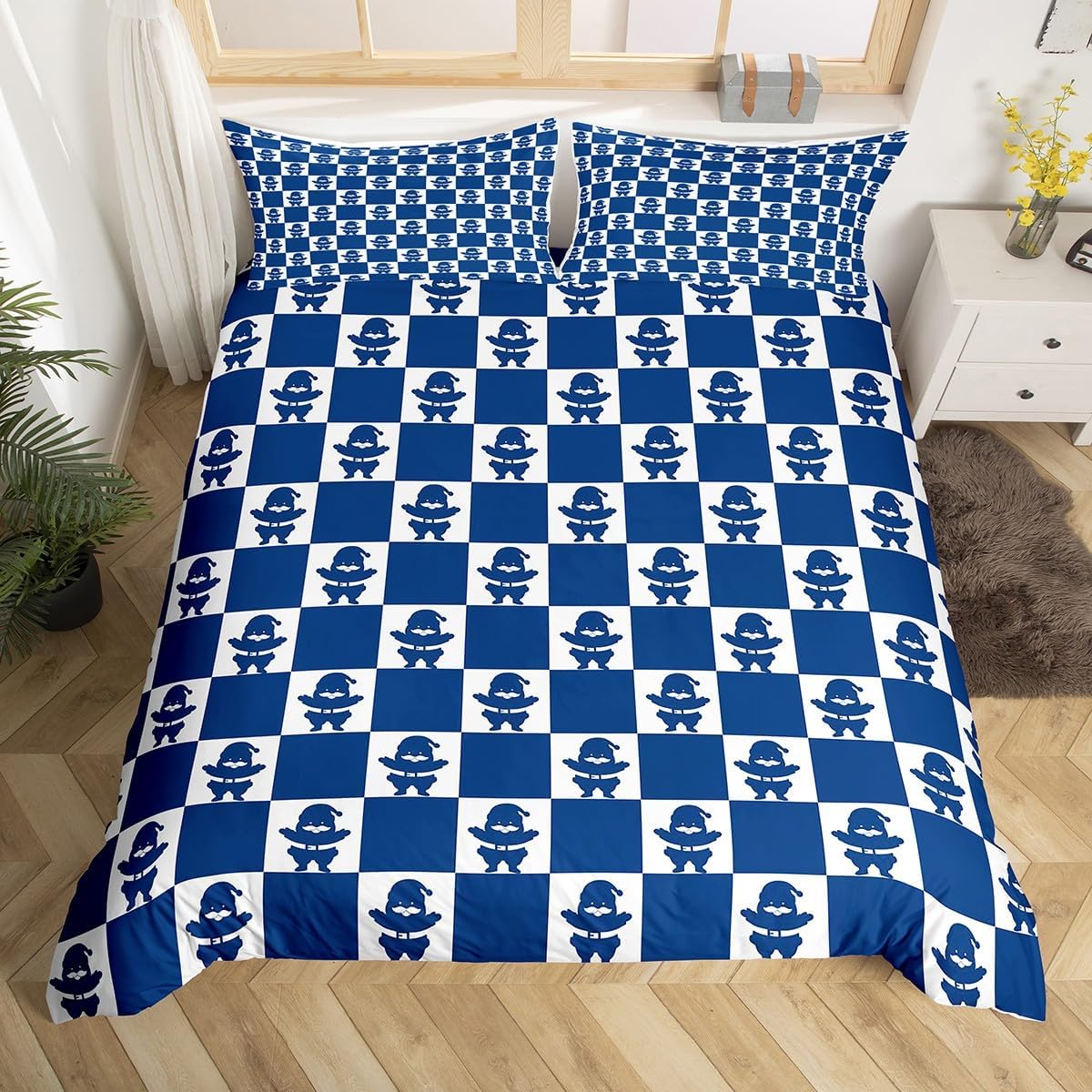 Feelyou Christmas Duvet Cover King Size Boys Girls Checkered Bedding Set Breathable Soft Santa Claus Comforter Cover,No Comforter 3Pcs Xmas Decorations Bedroom Decor Blue