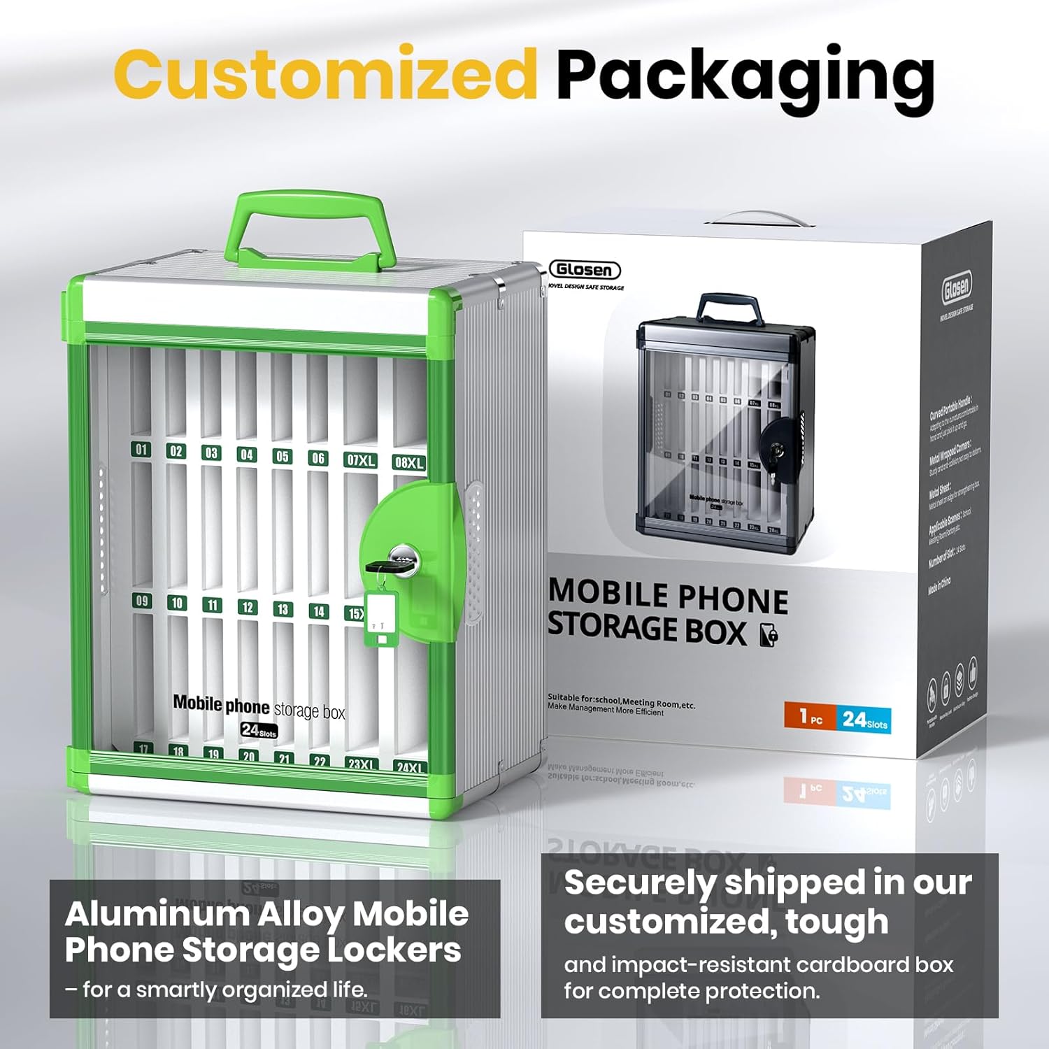 Glosen Cell Phone Locker 24 Slots, Portable Phone Storage Cabinet [Wall Mounted] [Aluminum Alloy] Cellphone Lock Box with Key & Handle for School Classroom Office Exam (Green)