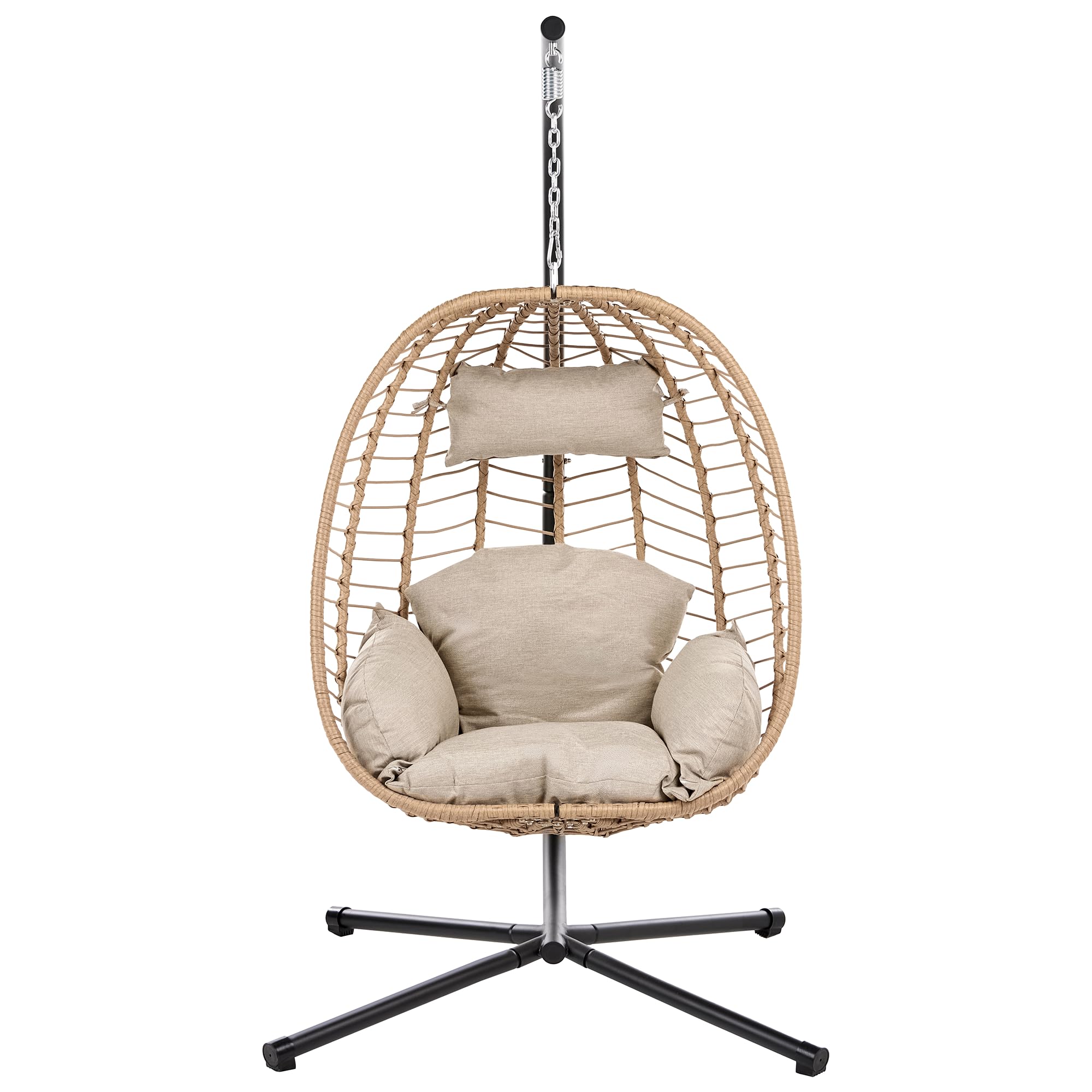 Sillón Colgante Columpio Estilo Boho de ratán sintético Soporte de Metal Cadena con cojín Mullido Natural Montalcino