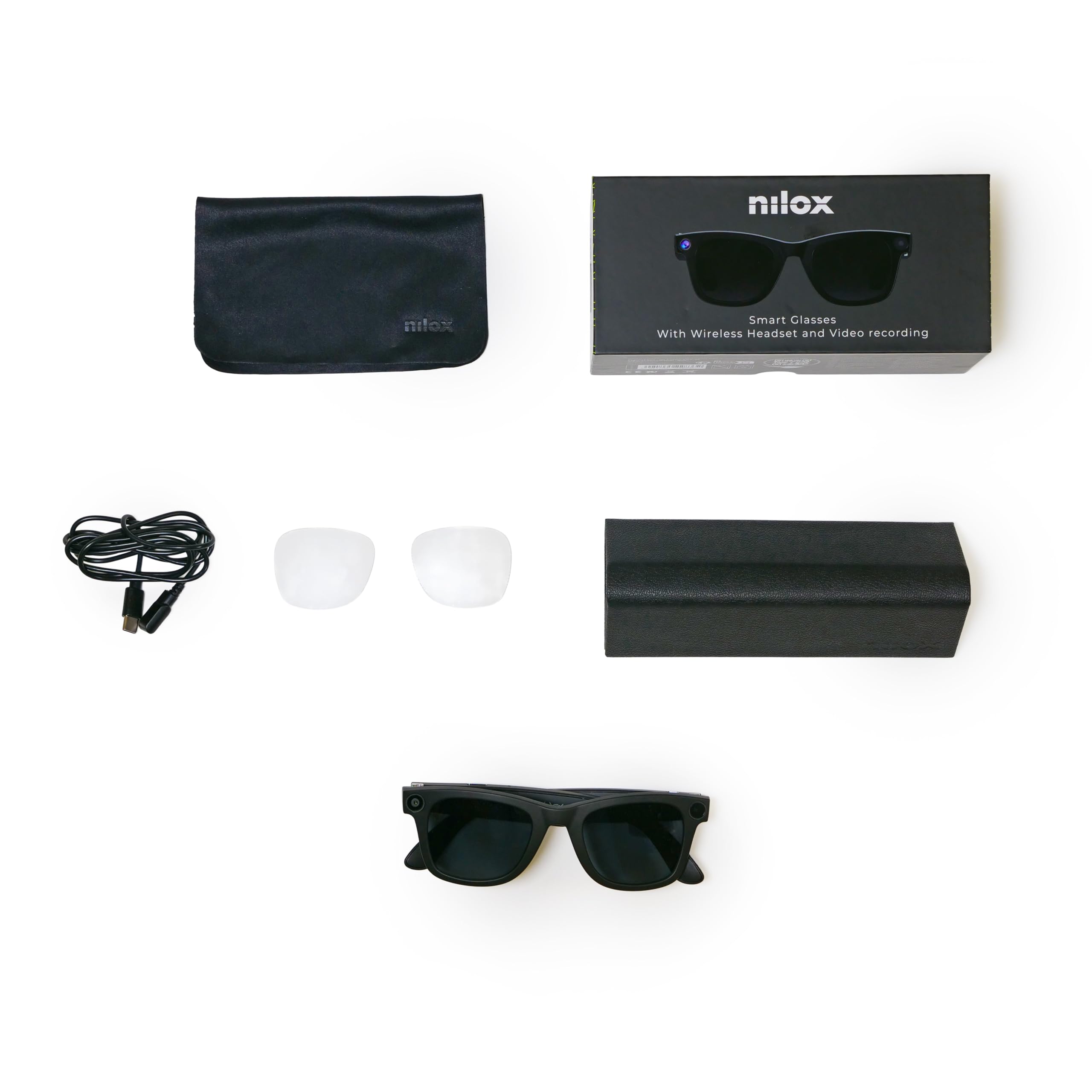 Nilox Occhiali Smart Video con Fotocamera 8MP, Registrazione Full HD 1080p, Audio Open-Ear, Lenti Intercambiabili Trasparenti e Solari, Filtro Luce Blu, Autonomia Fino a 18 Ore