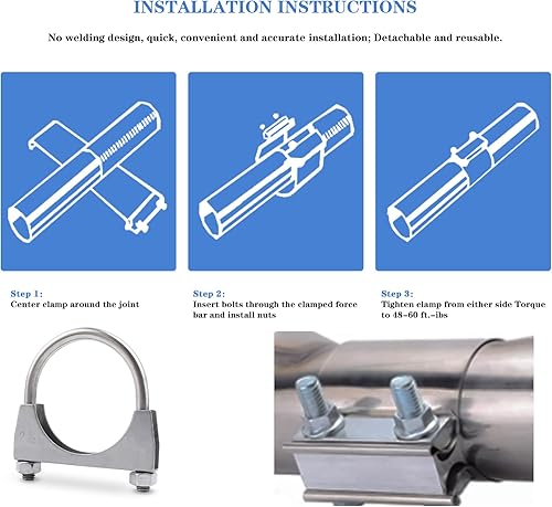 Miniatura 8 de RP Remarkable Power, Abrazadera de escape con perno en U de acero inoxidable (2.5 pulgadas), paquete de 2