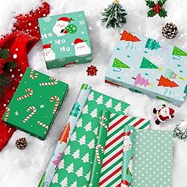 WERNNSAI Reversible Christmas Wrapping Paper - 3 Rolls 17x 120Santa Wrapping Paper Rolls Classic Santa Winter Tree Candy Canes Gift Wrap Papers for Girls Boys Xmas Holiday Polka Dot Stripes Design