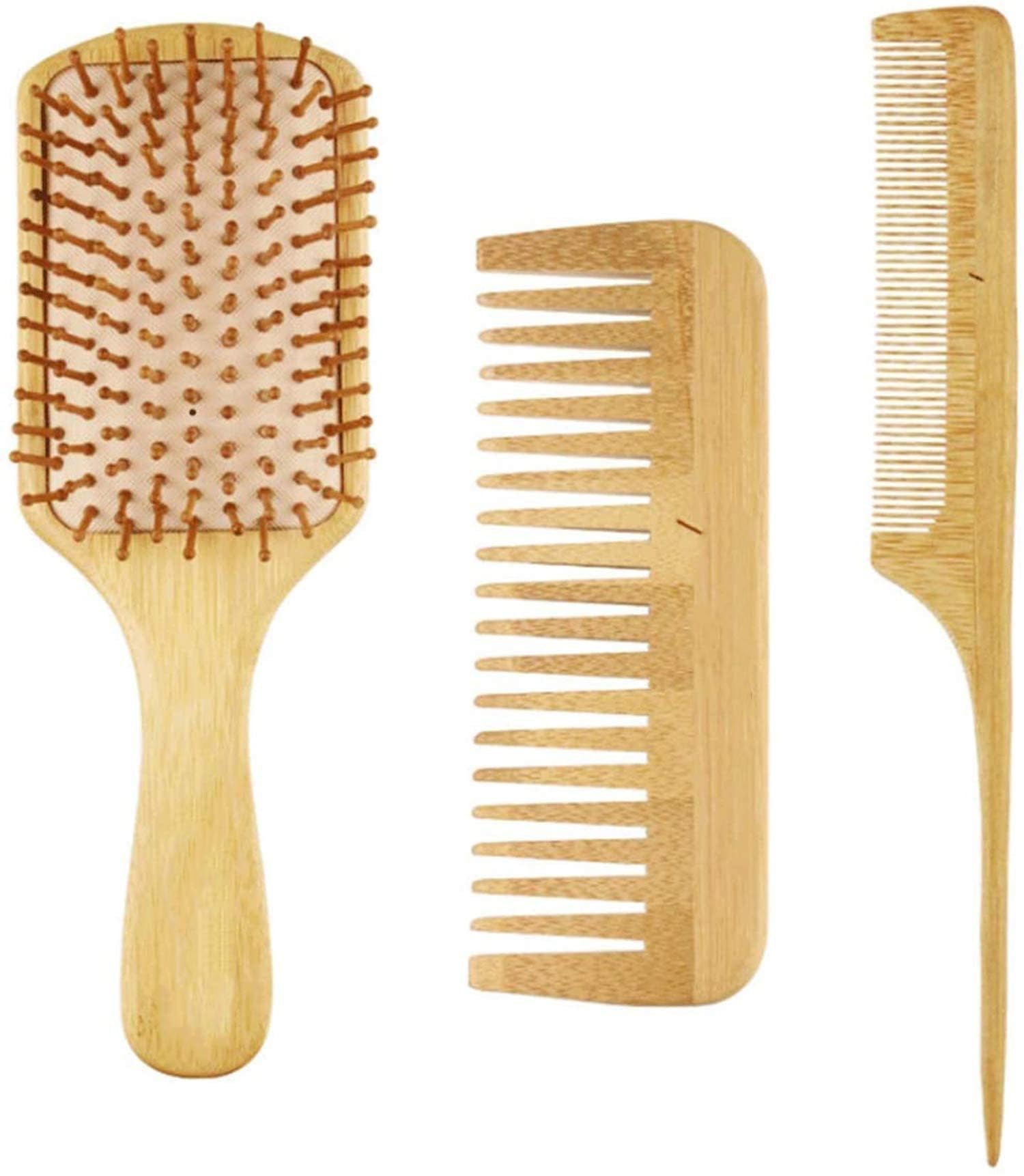 Bamboo Comb Set, Natural Bamboo Comb Set Wooden Massage Hair Brush with Wide Tooth Comb and Grooming Comb for Women Men and Kids, Reduce Frizz and Massage Scalp