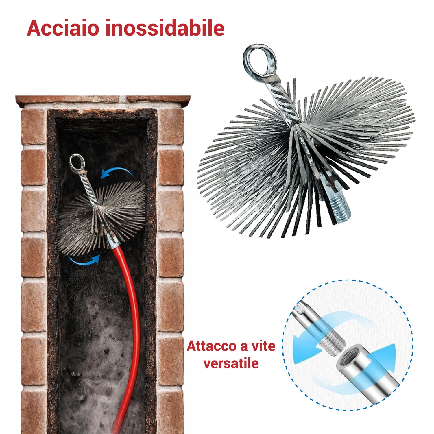 Crisalide® Scovolo per Camini e Stufe in Acciaio Inox – 6 Dimensioni – Kit con 6, 12 o 18 Aste da 100 cm – Spazzola Spazzacamino con Attacco a Vite Universale – Flessibile (12 cm, 18 As)