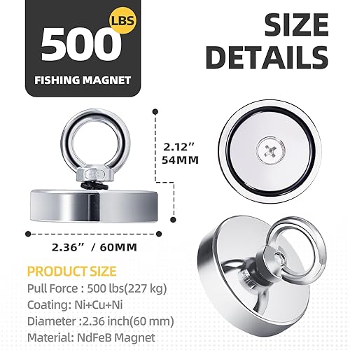 Miniatura 6 de Kit de imanes de pesca de 2.36 pulgadas (2.362 in), imanes grandes y fuertes de peces de tierras raras de 500 libras, resistentes con cuerda de 65