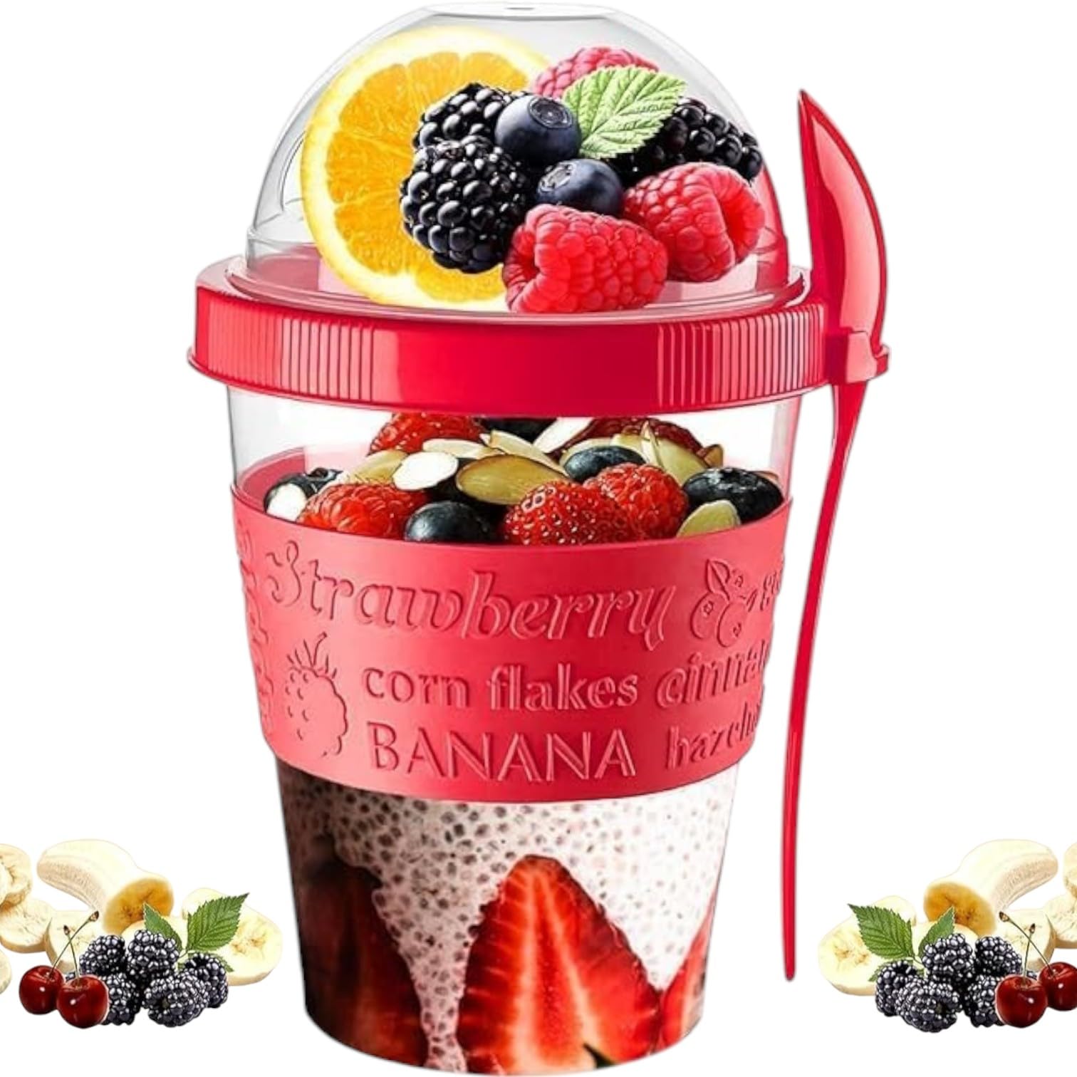 Pro Home Red Yogurt Pot With Spoon & Lid 20Oz/600Ml Bpa Free Reusable Airtight Dishwasher Safe On The Go Yoghurt Pots Muesli Cereal Cup Overnight Oats Jar Storage (Red)