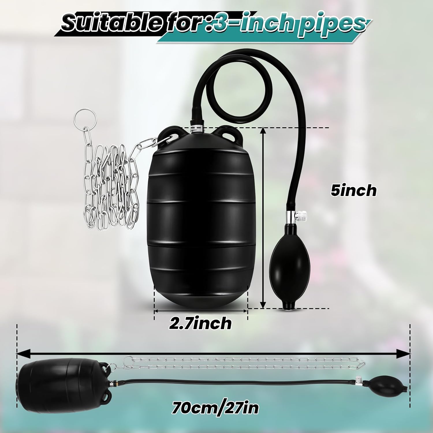 3in Sewer Test Plug, Water Proof and Closed Water Test Inflatable Pipe Plug with Inflatable Bag