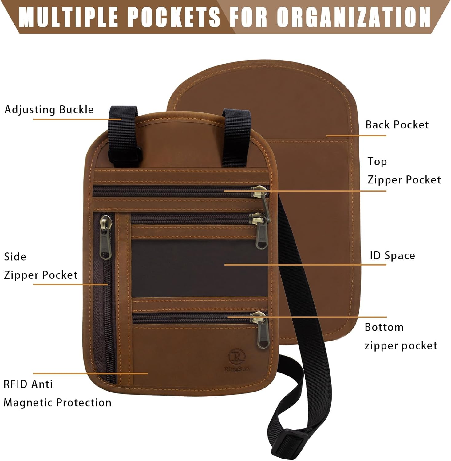Ringsun Genuine Leather Passport Holder For Travel, RFID Blocking Slim Neck Wallet with Adjustable Strap for Women and Men, Travel Essentials to Keep Cash, Credit Cards and Documents Safe, Brown - Image 3
