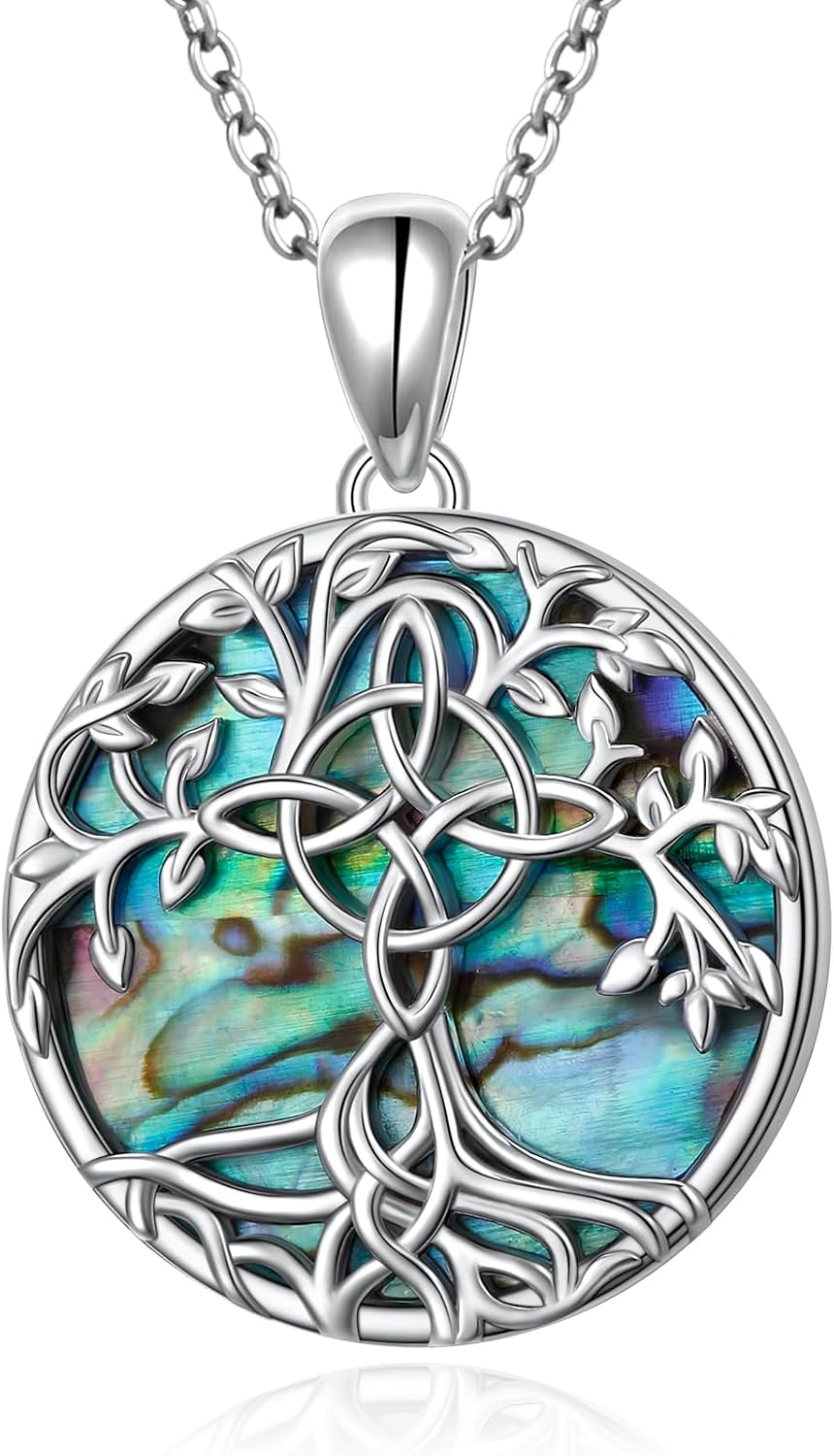 DAOCHONG Tree of Life Witches Knot Necklace 925 Sterling Silver Abalone Shell Pendant Necklaces for Women Good Luck Irish Celtic Jewelry
