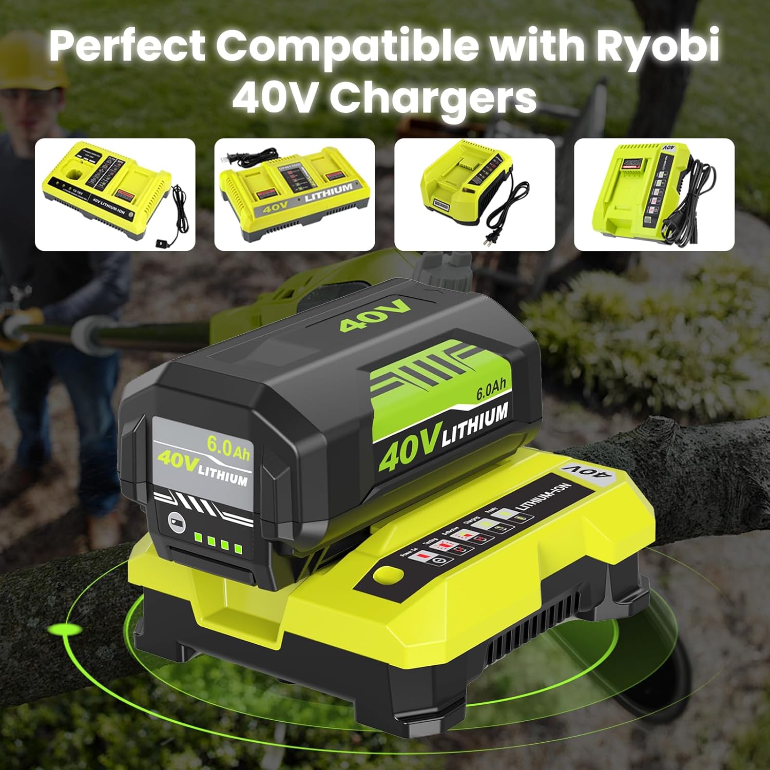 2Pack 6000mAh OP4026 Replacement for Ryobi 40V Battery and OP401 Charger Compatible with Ryobi 40 Volt Battery Lithium OP40261 OP4050 OP4040 OP40401 OP40201 OP40601 Cordless Power Tools (6.0Ah-Green)