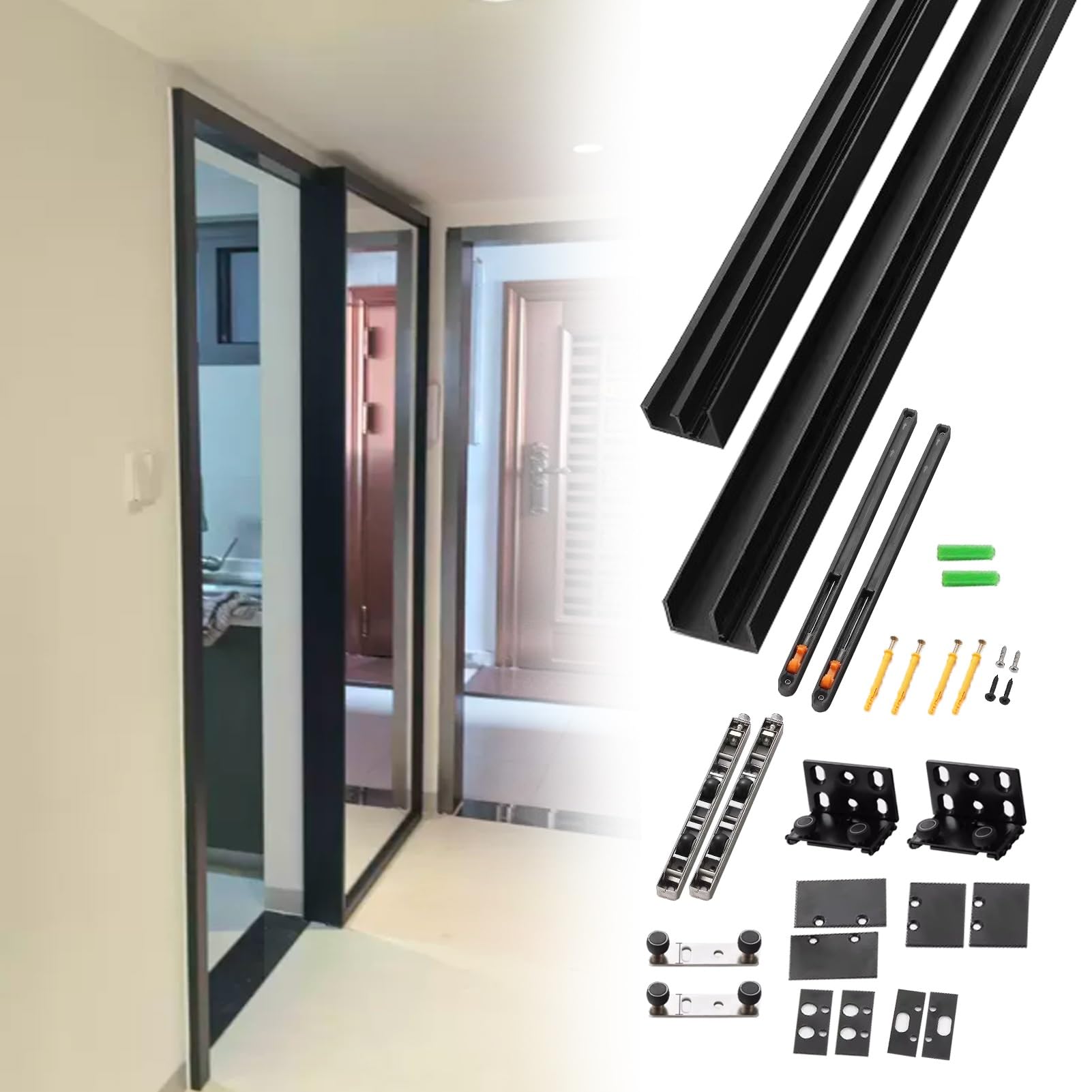 Kit Porte Coulissante Rail Coulissant Invisible pour Porte « Fantôme », Kit de Quincaillerie Dissimulée pour Porte de Grange avec Mécanisme, 61 71 76 81 91 107 122 180 cm(58cm/22.8in)