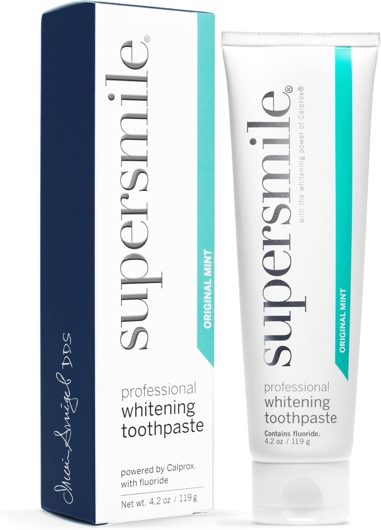 Supersmile Original Mint Whitening Toothpaste, 4.2 Oz, Calprox® + Fluoride | Whitens 3 Shades After 1 Day, Signature Wild Mint Flavor, Veneer Safe, RDA 65 Low Abrasion, Cavity Protection