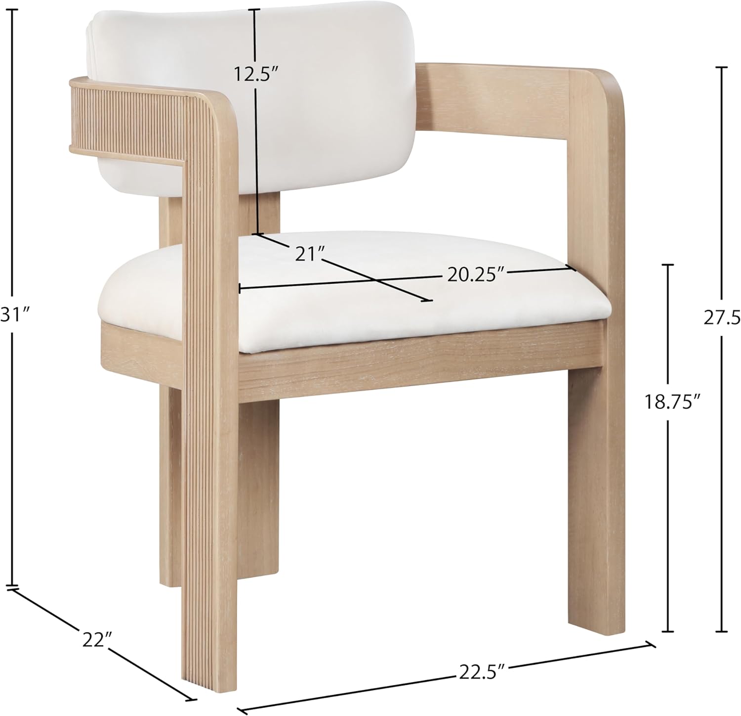 Meridian Furniture 11094Cream-C Sacha Collection Art Deco Dining Chair, Ultra Luxe Cream Velvet, 460 GSM Velvet, Solid Fluted Wood Natural Finish, 22.5" W x 22" D x 31" H, Cream, Set of 2 Cream Velvet with Natural Finish
