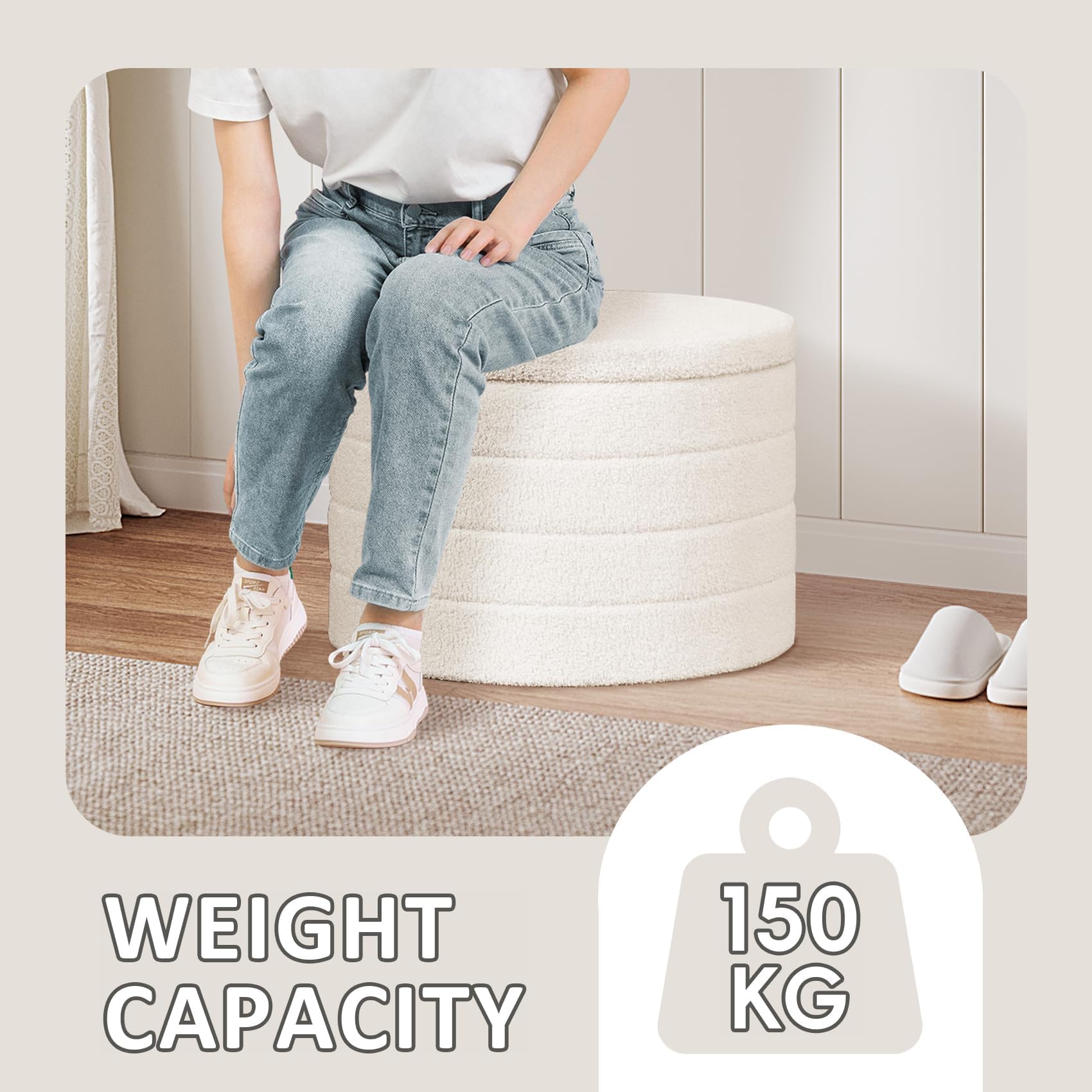 PINPLUS Hocker mit Stauraum Rund Sitzhocker mit Deckel, Faltbare Fußhocker Polsterhocker Couchtisch Ø56x40 cm für Wohnzimmer, Schlafzimmer & Flur, Cremeweiß