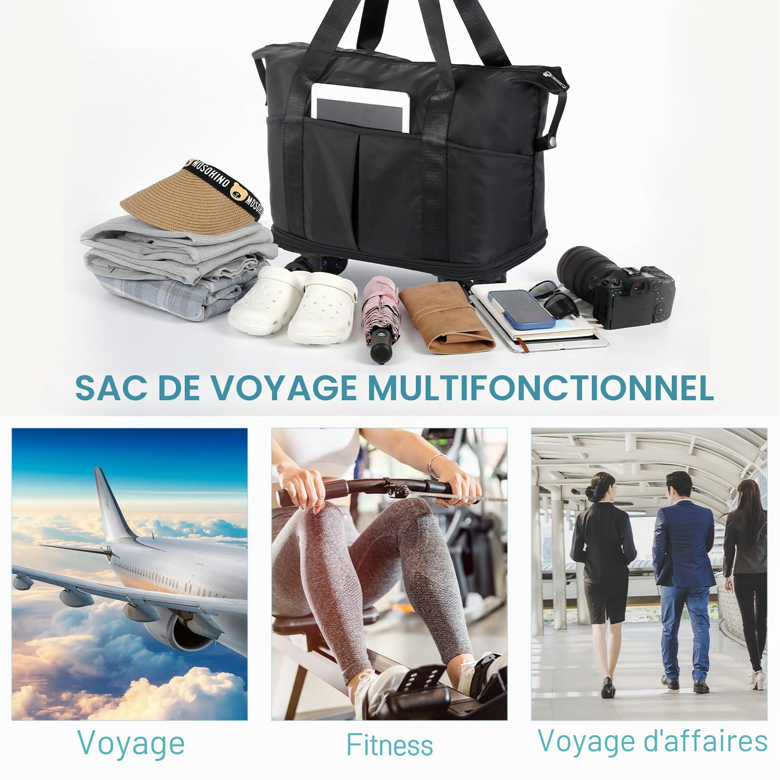VOOWO Sac de Voyage à roulettes Extensible Pliable avec roulettes pour Voyage Bagage à roulettes Bagage à Main Sac de Voyage Grand Sac de Week-End pour Homme et Femme, Noir, 15.7 x 8.6 x 15.8 inches