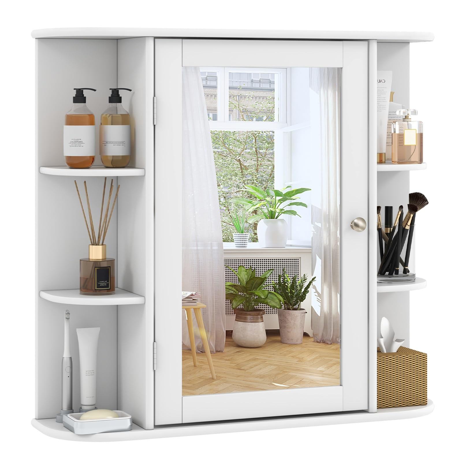 MAT EXPERT Bathroom Medicine Cabinet w/Mirror, Bathroom Cabinet Wall Mount w/ 3 Adjustable Shelves, 6 Open Shelves & Mirror Door, Medicine Cabinet, Bathroom Wall Cabinet for Toilet & Laundry Room