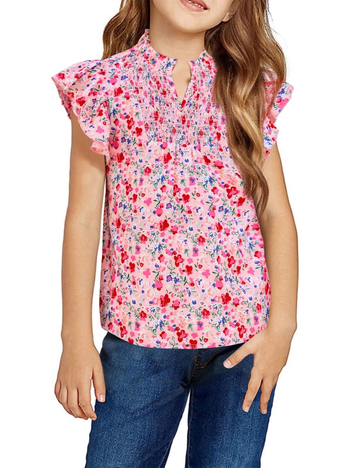 Haloumoning Girls Ruffle Short Sleeve Floral Chiffon Blouses Kids Summer Shirts Tops 5-14 Years