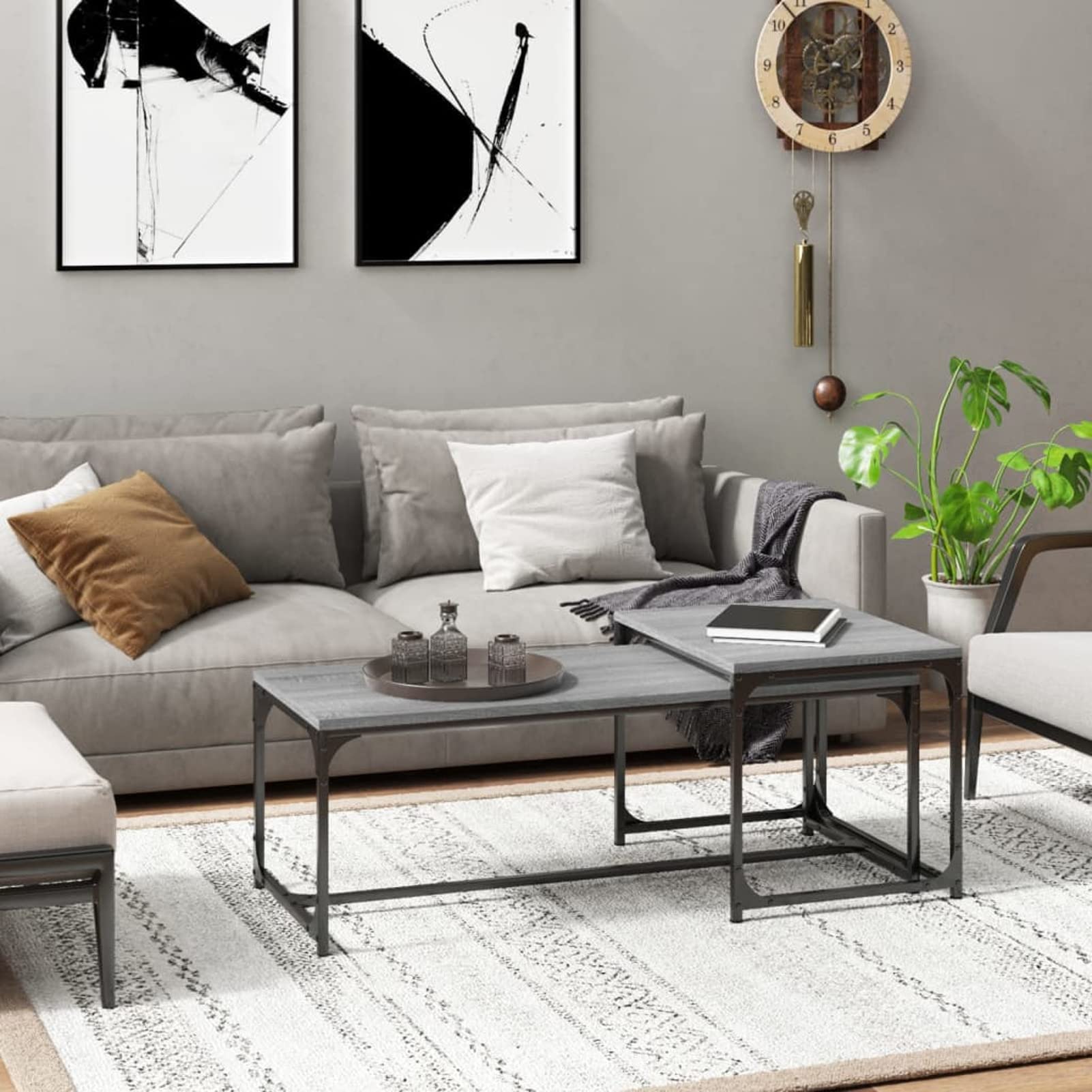 2 szt. Szary wielowarstwowy drewniany sonoma, stolik do salonu, z półkami, niski, prostokątny, nowoczesny design, stolik kawowy, herbata, salon, wystrój domu