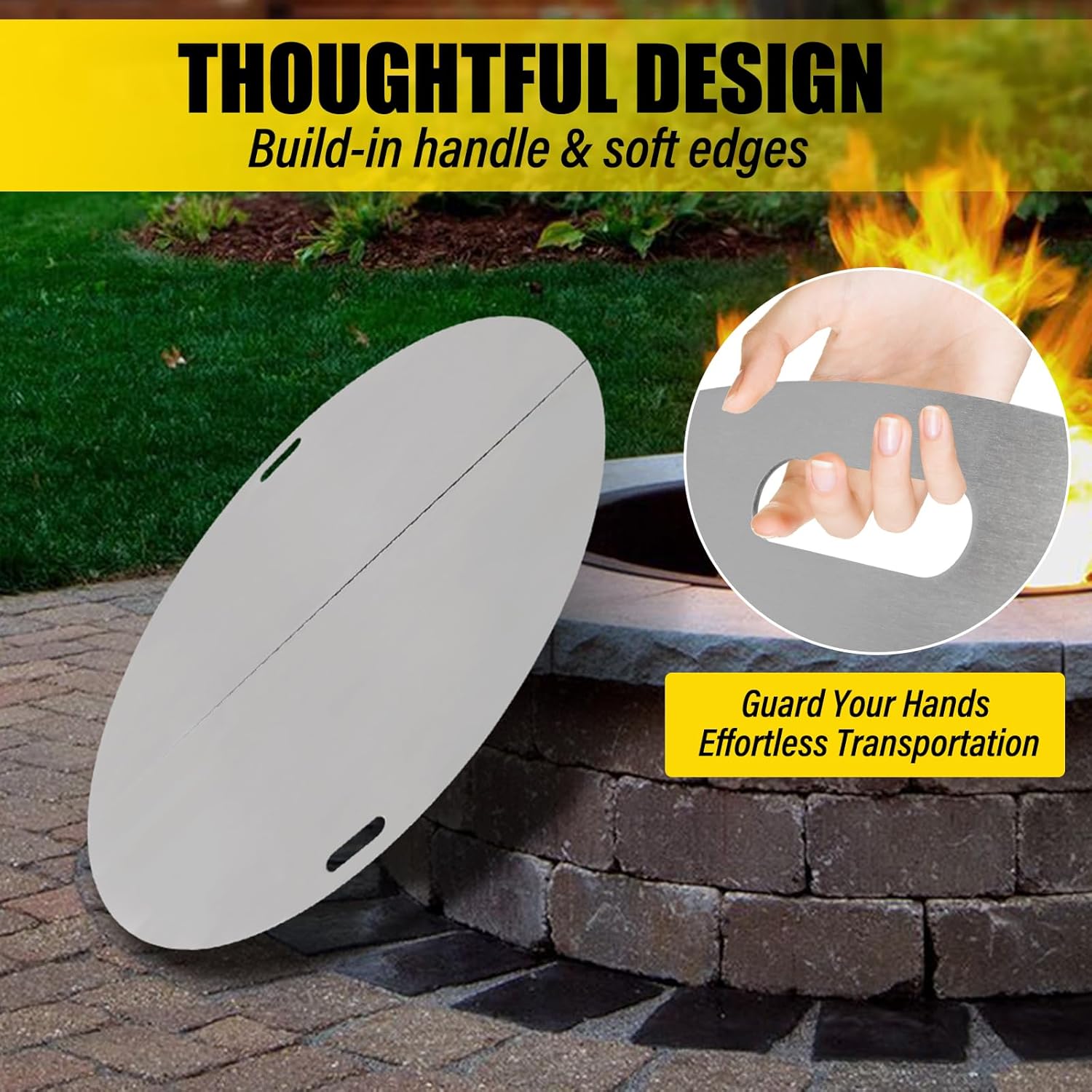 Fire Pit Lid Round, 40 Inch Foldable Fire Pit Ring Snuff Cover, 3mm Thickness 430 Stainless Steel Fire Pit Spark Screen Cover, Built-in Handle Fire Pit Lid for 40 in Round Floor Type Brazier