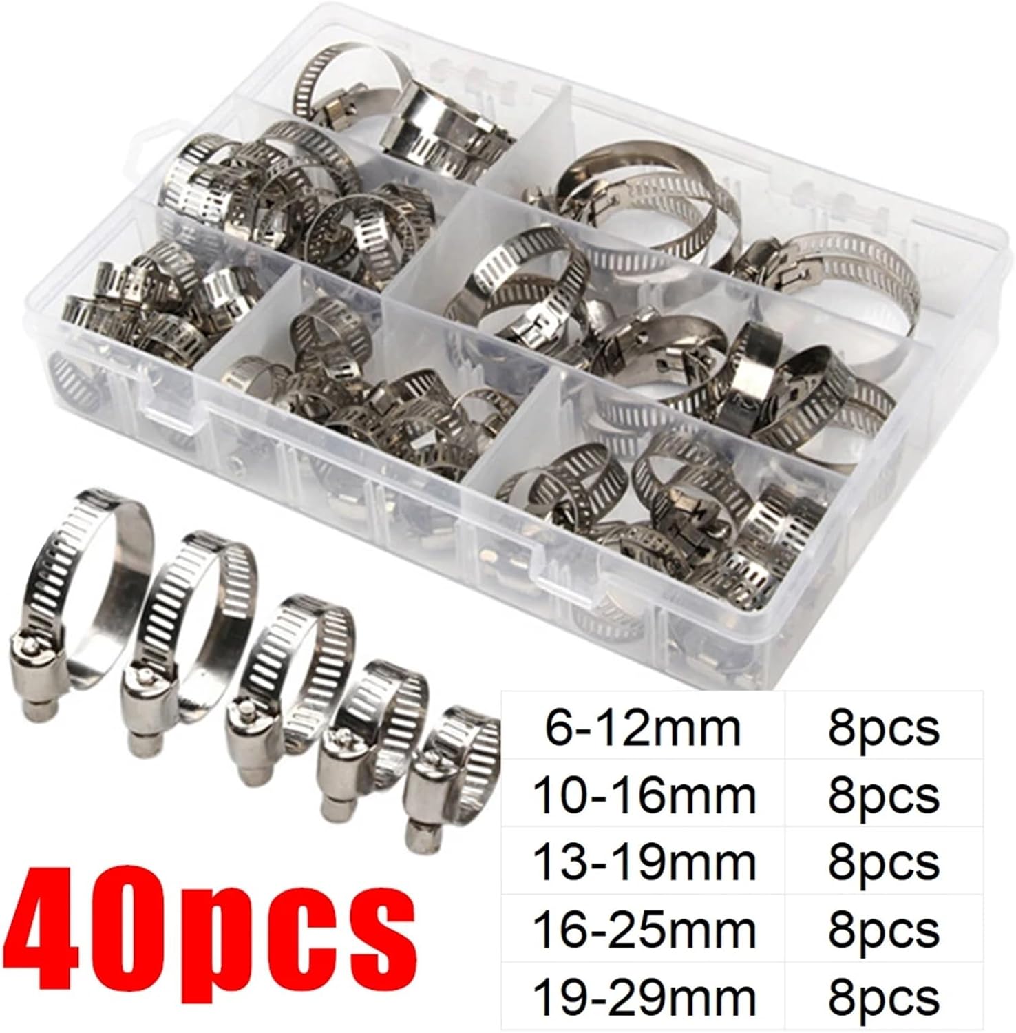 Applicatio 2 Sets Hose Clamps Set Stainless Steel Adjustable Worm Gear Clamp With Screw For Pipe Fuel Tube Faucet Fasteners Assortment Kit(40pcs-box)