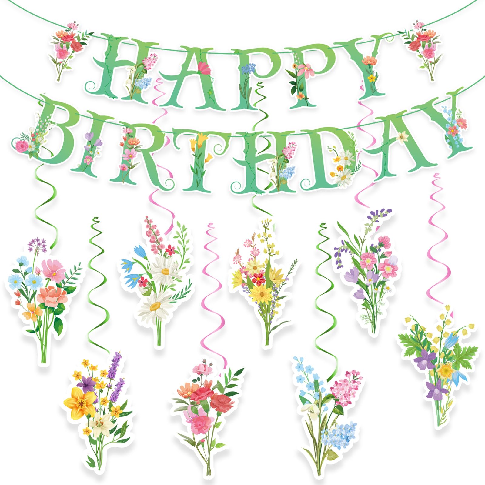 Floral Birthday Decorations for Women Girls, Flower Happy Birthday Banner, Wildflower Hanging Swirls, Spring Summer Floral Garden Party Decor for Birthday Baby Shower Afternonn Tea Party Supplies