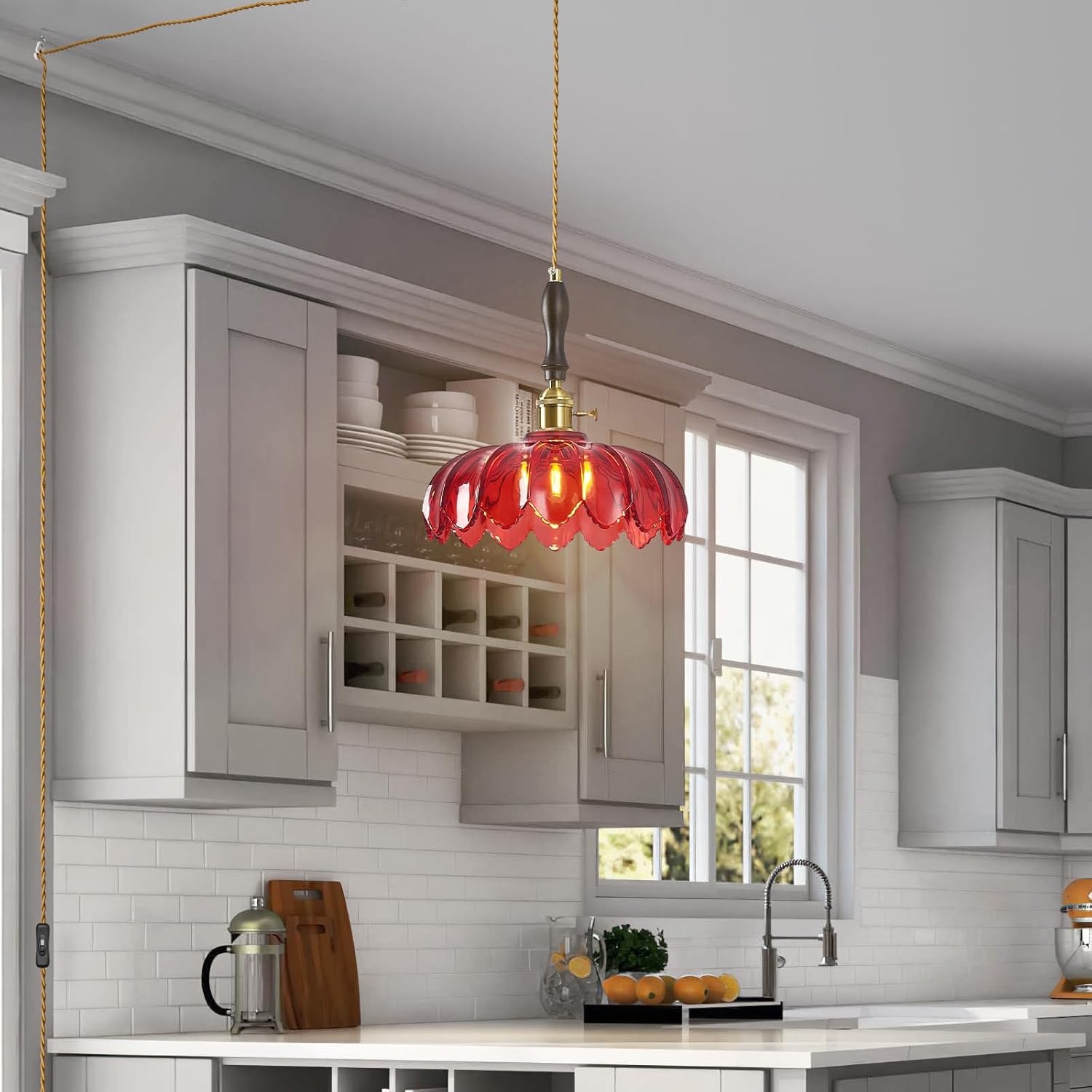 Modern Red Plug in Glass Pendant Light Retro Flower Glass Hanging Lamp Gold Brass Decorative Adjustable Ceiling Hanging Light Suitable for Kitchen Island Bedroom Dining Room Living Room