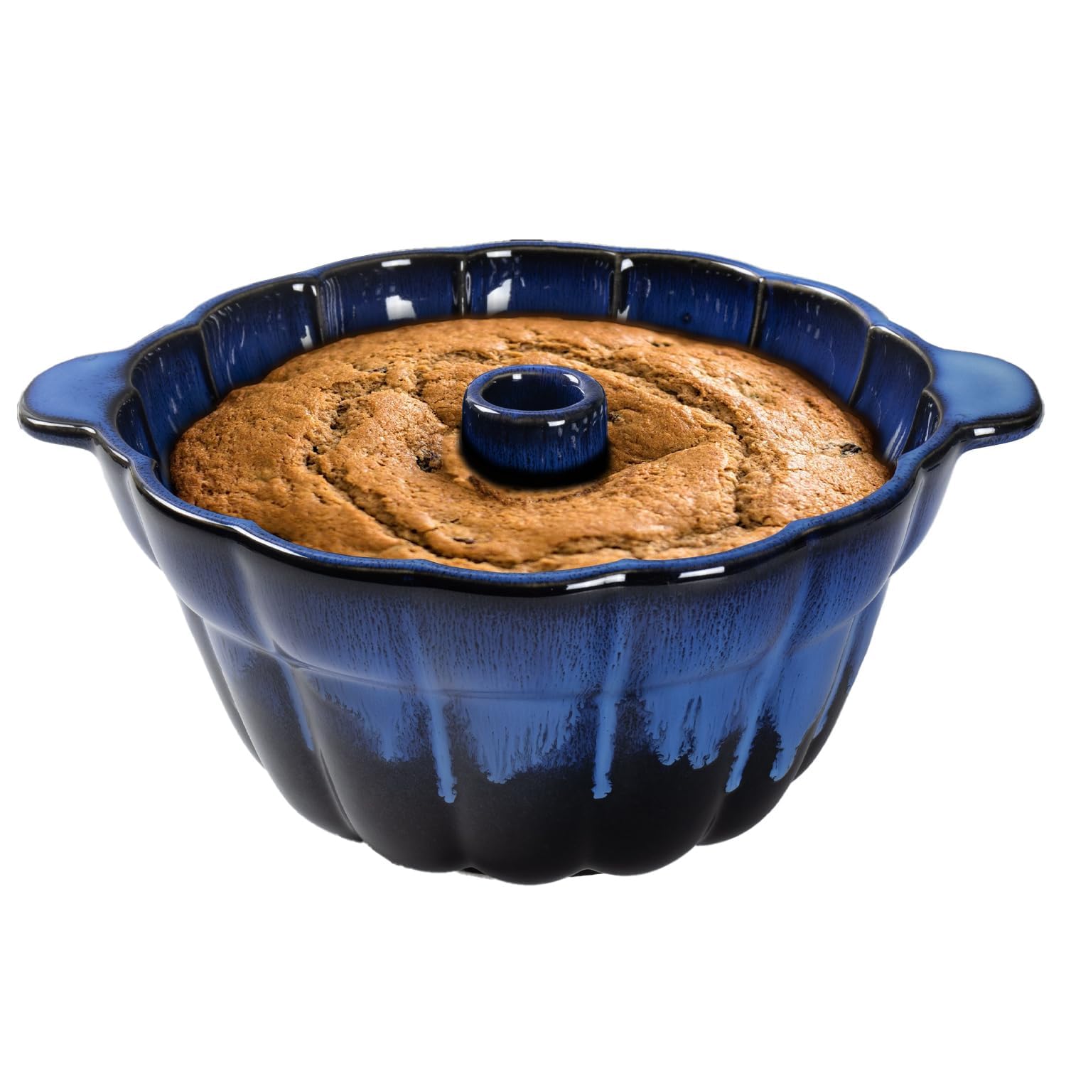 Emeril Lagasse Fluted Cake Pan Stoneware 9.5 in – Pound Cake Baking Pan, Perfect for Baking Delicious Cakes! (Dark Blue)
