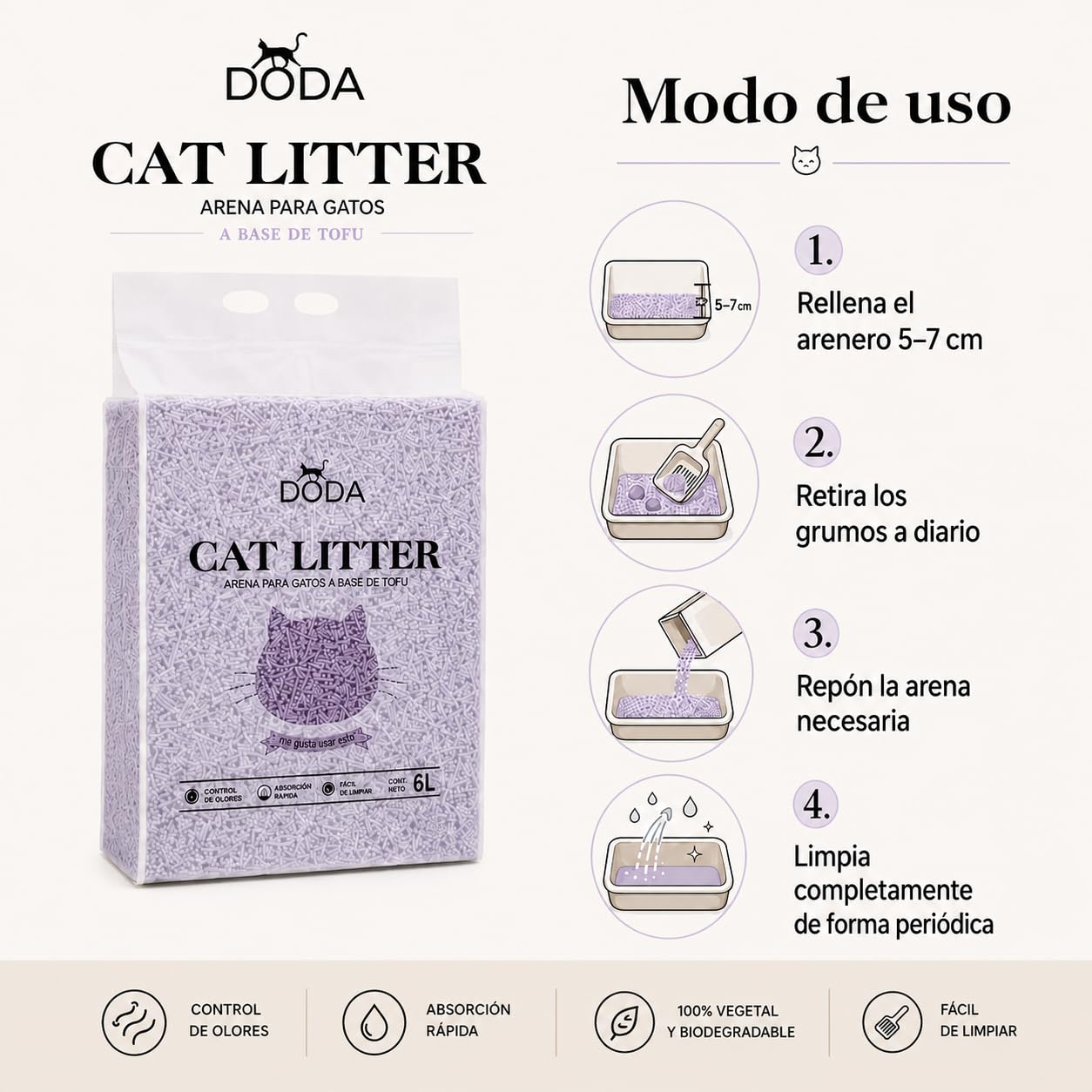 Arena Tofu Gatos 8kg DODA – Arena Aglomerante para Gatos, Arena Vegetal de Tofu Biodegradable, Bajo Polvo, Control de Olores, Absorción Rápida, Aroma Lavanda