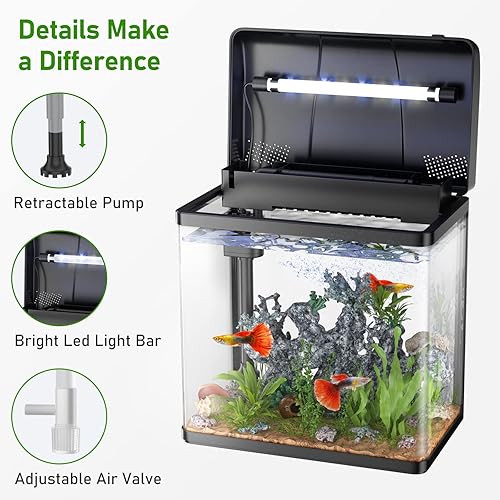 Miniatura 6 de PONDON Tanque de peces, acuario de vidrio de 3 galones con bomba de aire, luces LED frías y filtro, tanque de peces pequeño para kit de inicio de