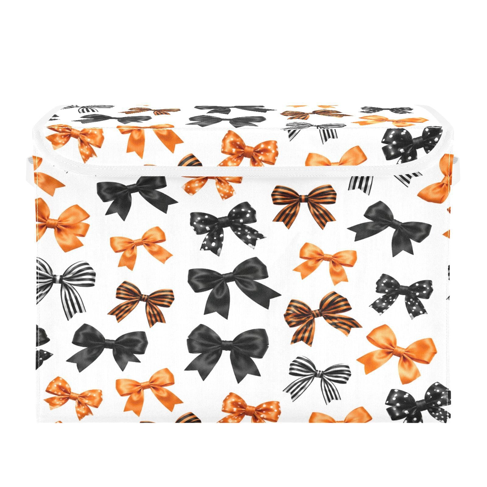 Ewusp Bows Fabric Storage Bin with Lid, Decorative Foldable Storage Basket with Handles, Stackable Closet Shelf Organiser Box for Clothes, Books, Bedroom, Living Room