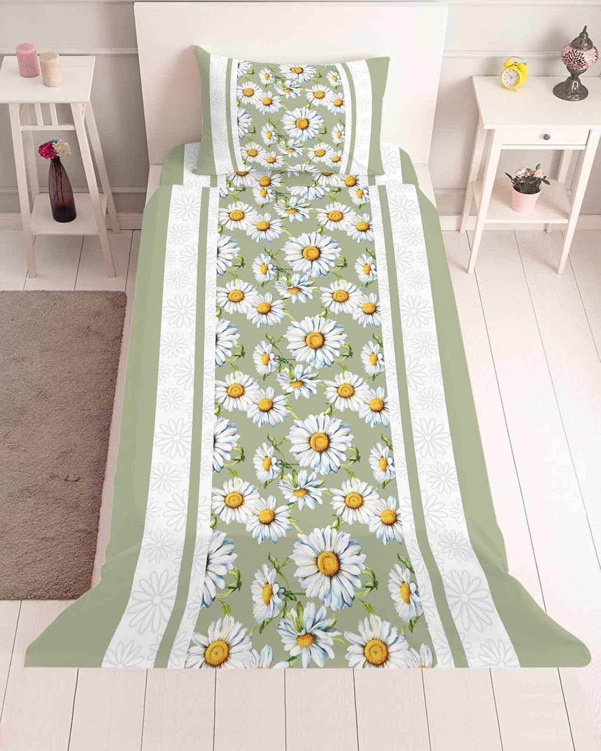 4 Piece Cal. King Sheet Set Yellow Daisy Sheets Set for Cal. King Size Bed, Breathable Soft Microfiber Bed Sheets Farmhouse Floral Yellow Striped Fitted Sheet Deep Pocket, Pillowcases