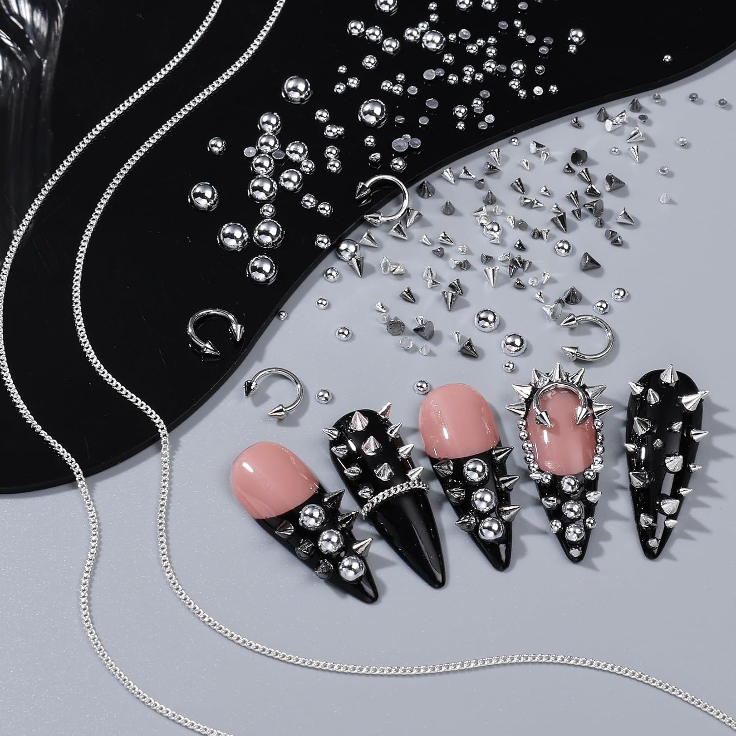 Mini Alloy Punk Nail Art Studs Kit, Y2K Gothic Cone Spike Nail Charms Nail Studs Rivet Flatback Pearl Beads Metal Rings Piercing Manicure Supplies DIY Nail Jewelry Gems Accessories Nail Decorations